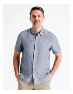 Bodega Linen Button Down Short Sleeve Shirt Navy