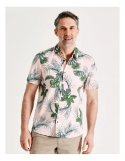 Salty Pink Palms Print Short Sleeve Shirt In Pink