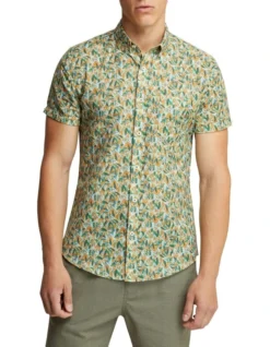 Oxford Tottenham Linen Cotton Print Short Sleeve Shirt Orange/Green