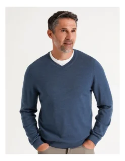 Australian Merino V-Neck Knit In Denim