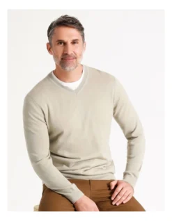 Australian Merino V-Neck Knit In Stone