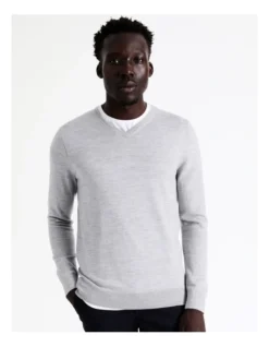 Australian Merino V-Neck Knit In Steel