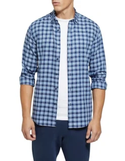 Oxford Stratton Cotton Linen Check Shirt Navy