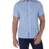 Multi Stripe Linen Cotton Short Sleeve Shirt In Blue