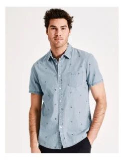 Kai Convo Print Short Sleeve Shirt In Denim