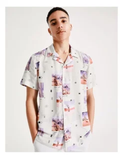 Degraves Photographic Print Short Sleeve Rayon Shirt In Multi