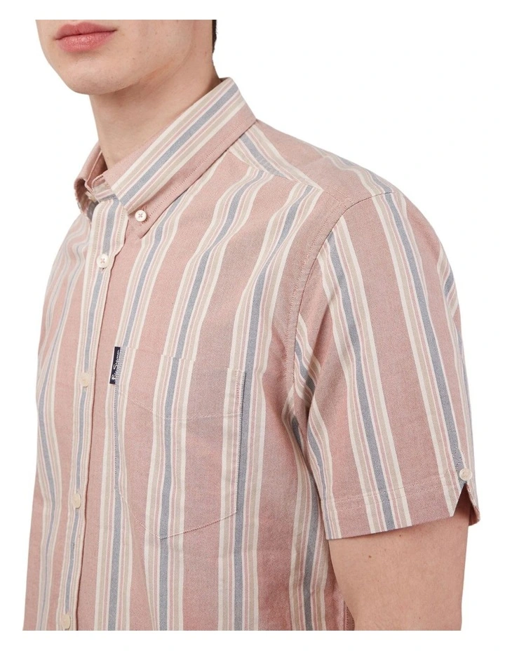 Ben Sherman Block Stripe Short Sleeve Shirt In Dark Pink - Image 3