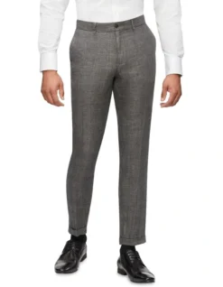 Slim Prince Of Wales Check Linen Suit Pant In Charcoal