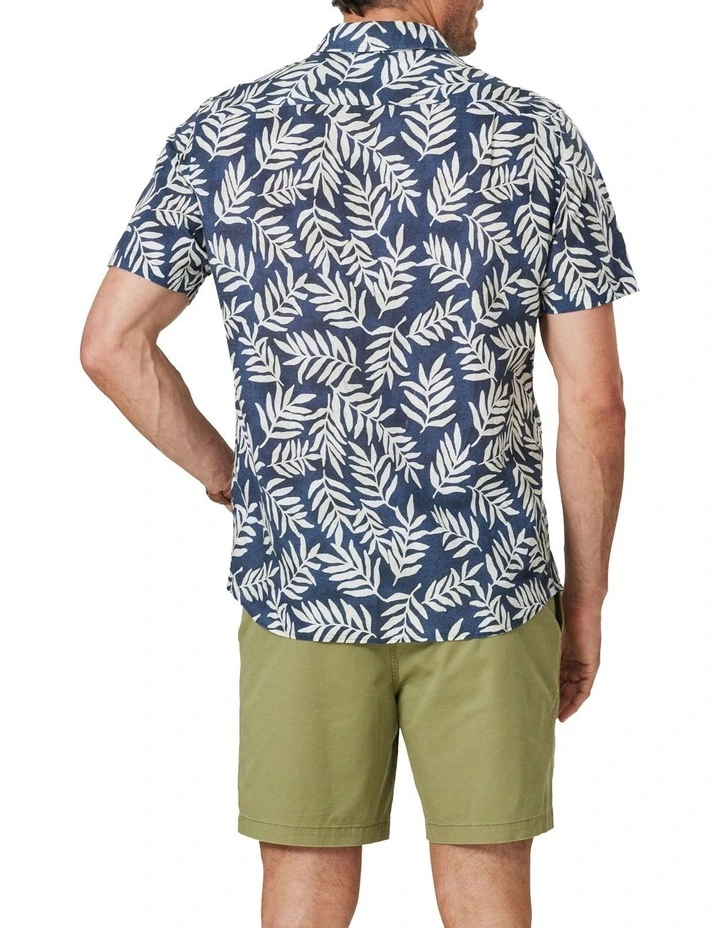 Linen Blend Leaf Print Short Sleeve Shirt In Navy - Image 2