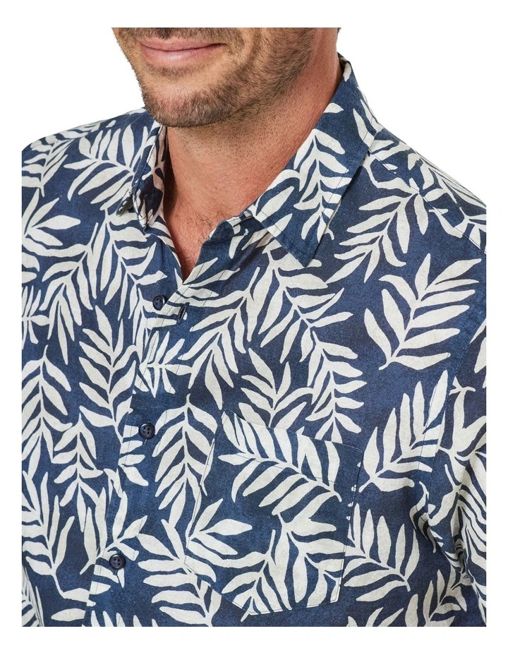 Linen Blend Leaf Print Short Sleeve Shirt In Navy - Image 3