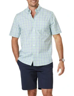 Easy Care Slub Check Short Sleeve In Green/Blue