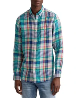 Gant Regular Linen Madras Long Sleeve Shirt In Aqua Green