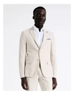 Slim Plain Linen Blend Suit Jacket In Ecru