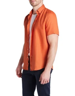 Felix Linen Short Sleeve Shirt In Orange
