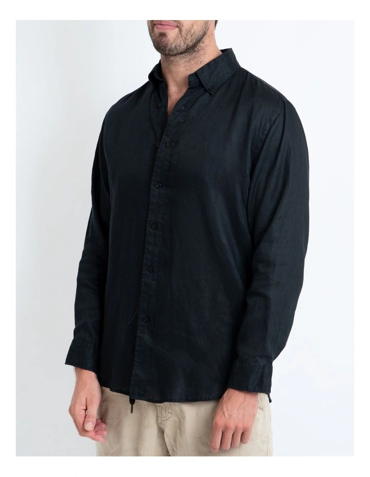 Long Sleeve Linen Shirt In Black - Image 3