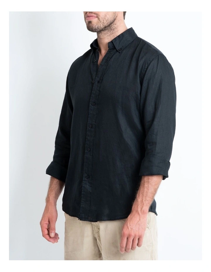 Long Sleeve Linen Shirt In Black - Image 4
