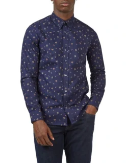 Ben Sherman Scattered Floral Print Twill Shirt In Blue