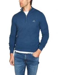 Gant Cotton Pique Half Zip Knit In Blue