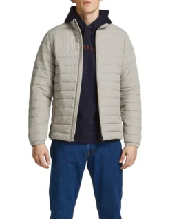 Jack & Jones Recycle Long Sleeve Collar Puffer In Crockery