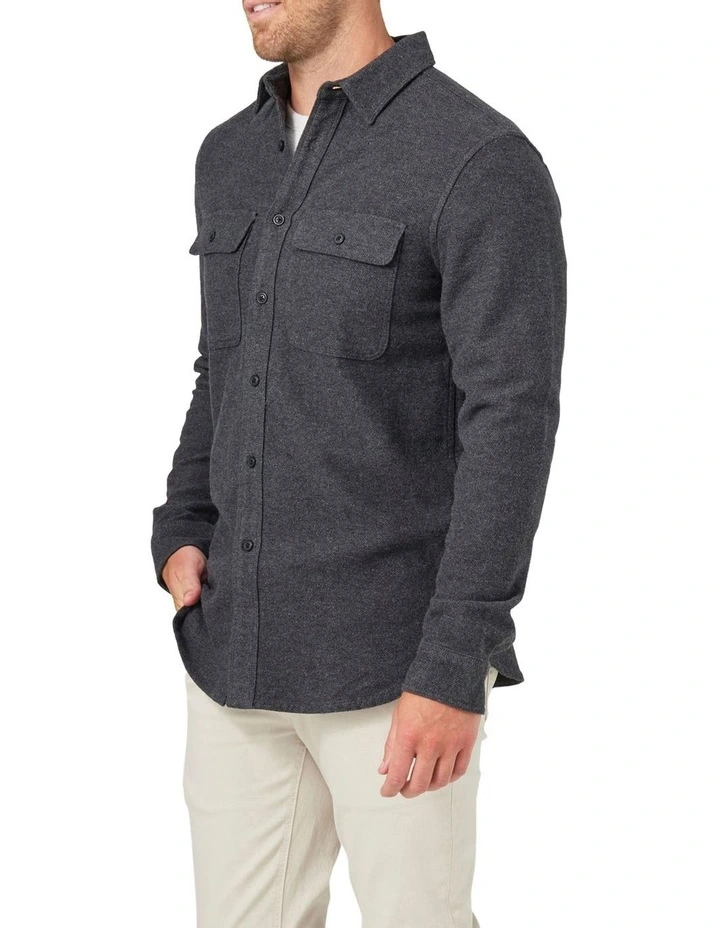 Oliver Long Sleeve Twill Overshirt In Charcoal - Image 3