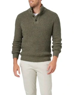 Oscar Button Neck Knit In Light Olive