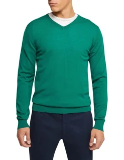 Oxford V-Neck Pure Merino Wool Pullover In Green